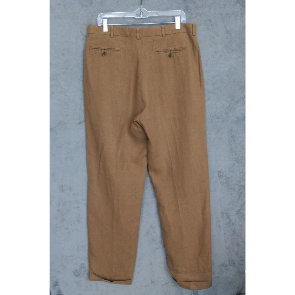Vintage Polo Ralph Lauren Linen Pants Men's 35x34 Brown Pleated Front Trousers